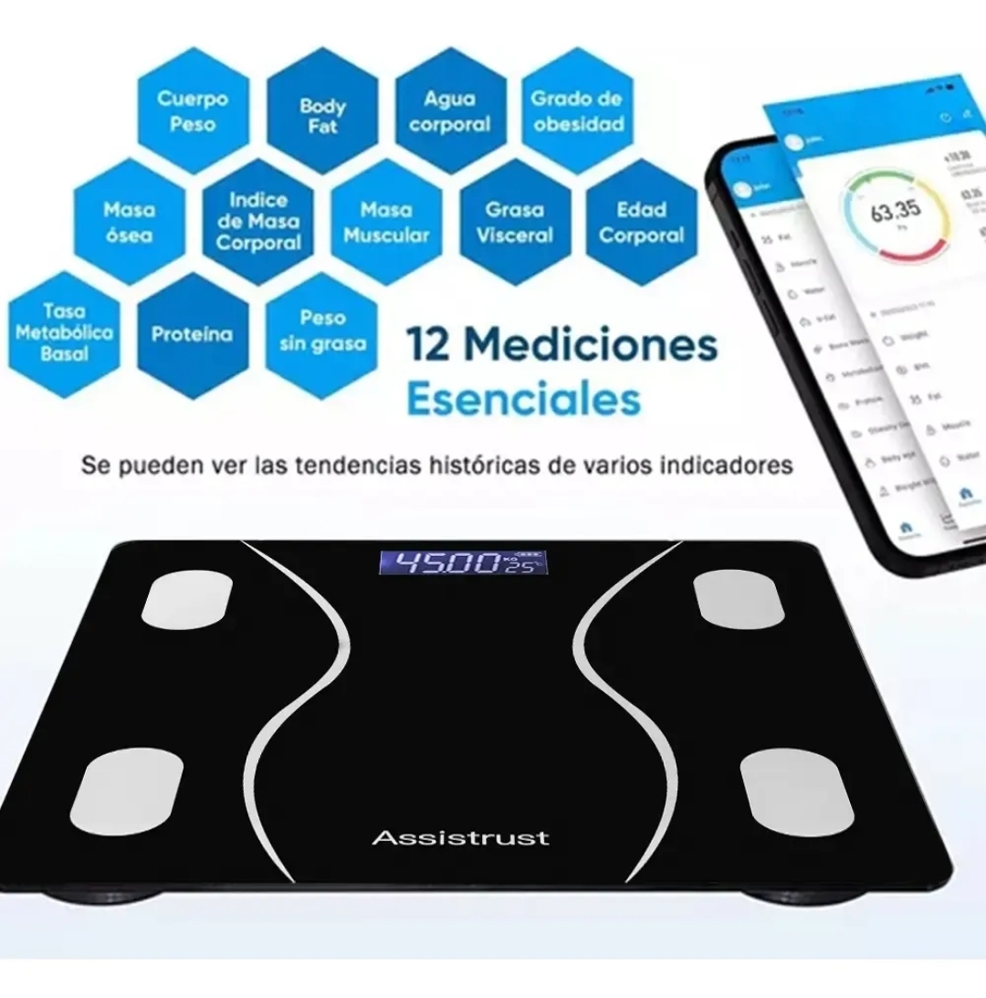 Infografía de las 12 mediciones de la báscula Assistrust: peso, grasa corporal, agua, masa muscular y más