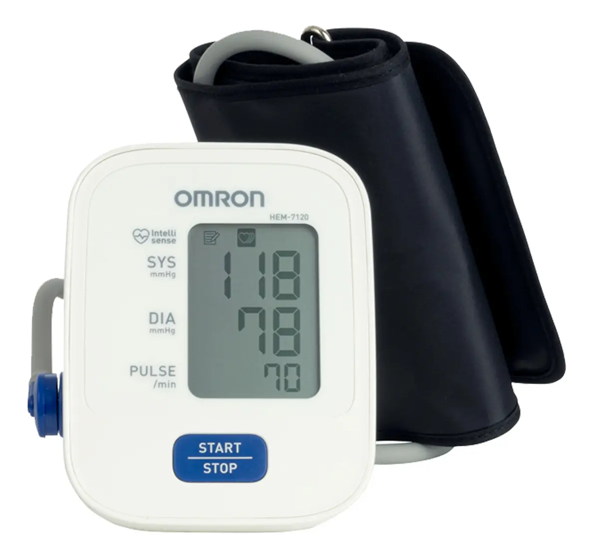 Baumanómetro OMRON HEM-7120 con la pantalla mostrando 118 de sistólica, 78 de diastólica y 70 de pulso, junto al brazalete