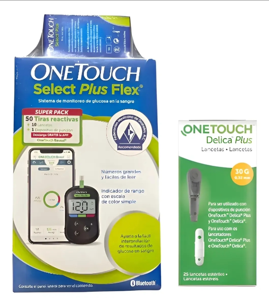 Caja del sistema de monitoreo de glucosa OneTouch Select Plus Flex junto a la caja de lancetas OneTouch Delica Plus