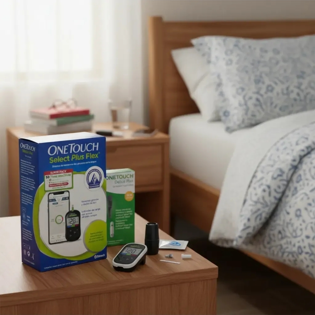 Glucómetro OneTouch Select Plus Flex con su caja, lancetador y lancetas sobre un buró
