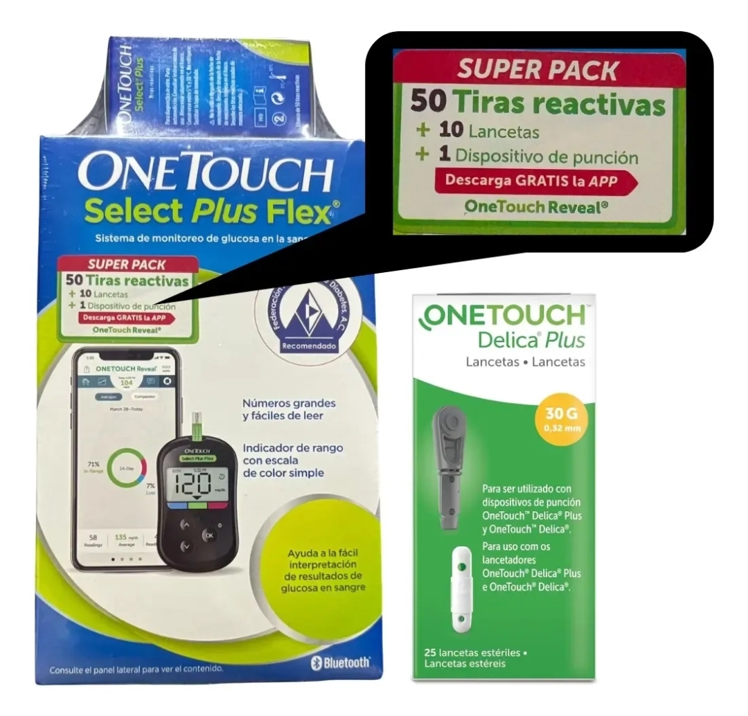 Empaque OneTouch Select Plus con detalle del contenido de tiras reactivas