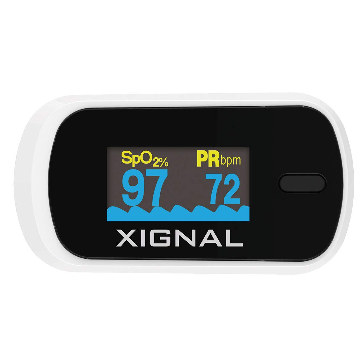 Pantalla del oxímetro XIGNAL MD300C2 con los valores de SpO₂ y pulso en color