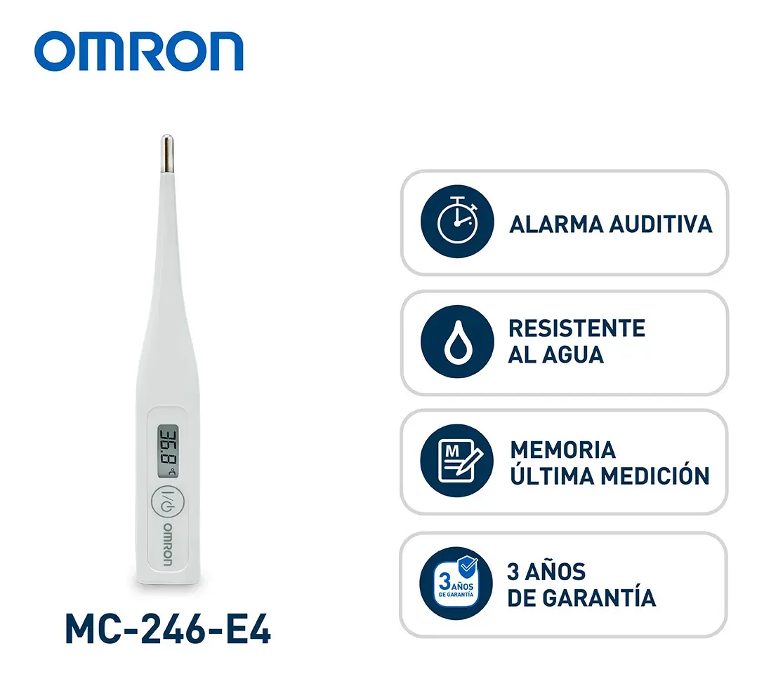 Ficha del termómetro OMRON MC-246-E4 con sus características: alarma auditiva, resistente al agua, memoria y garantía